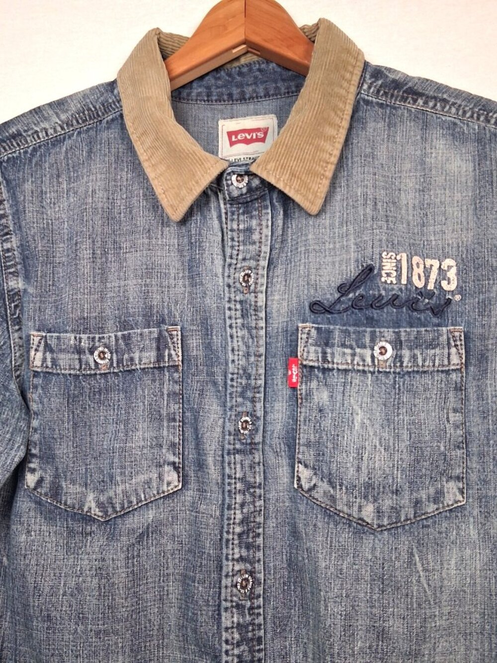 Levi Strauss Levis Shirt Boys Large Blue Jean Chambray Denim Corduroy Collar